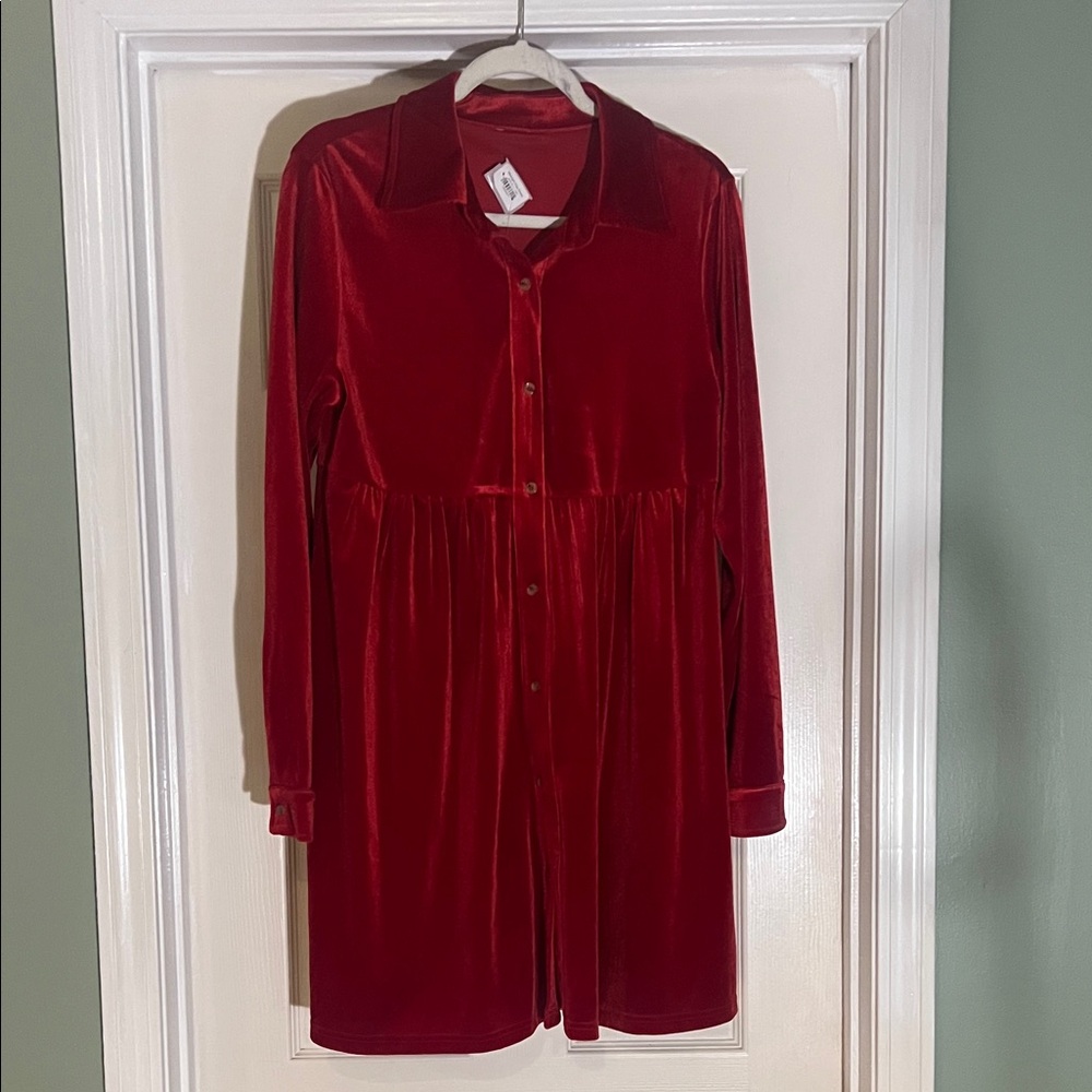 Red Velvet Button-Up Dress